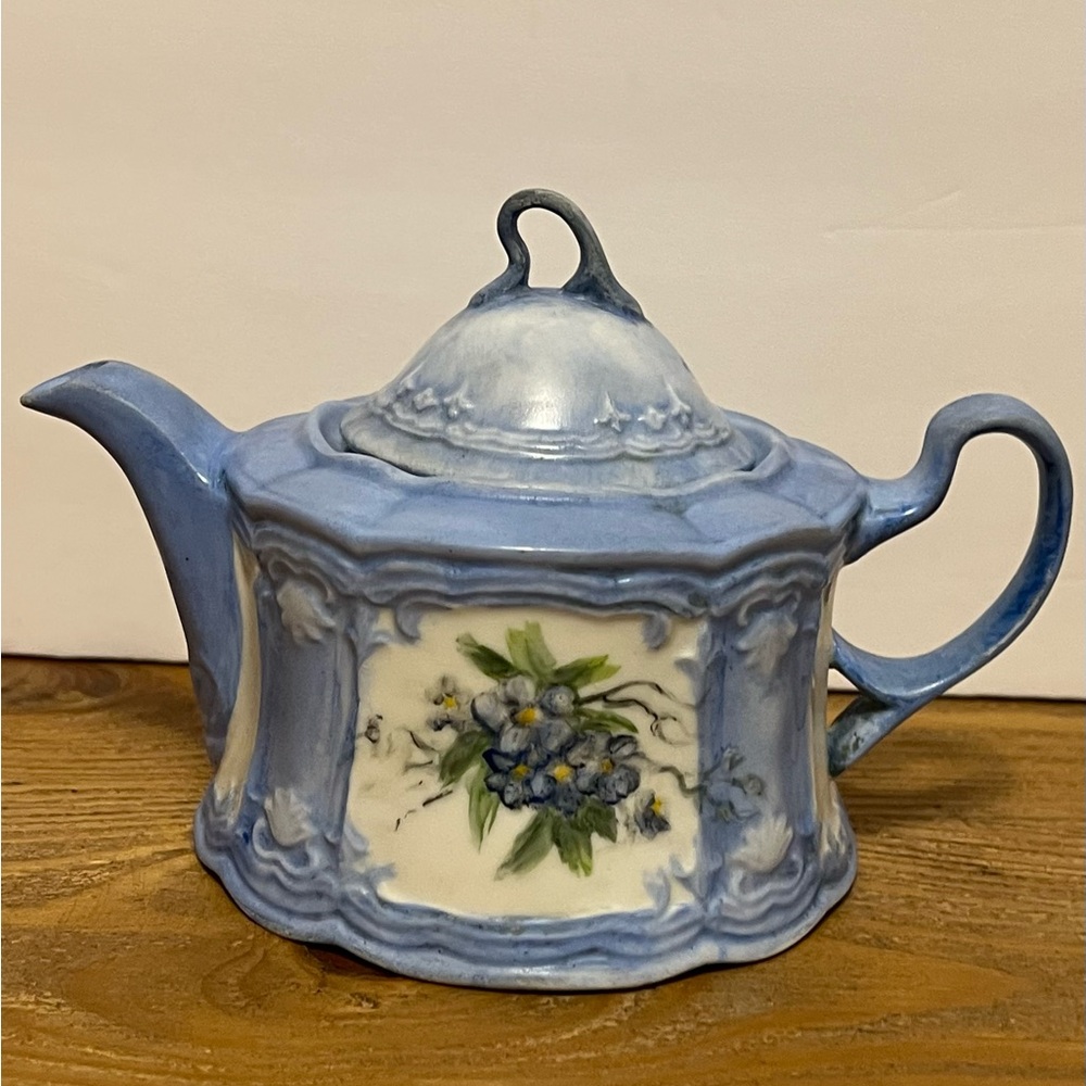 Vintage Blue Floral Ceramic Teapot Signed